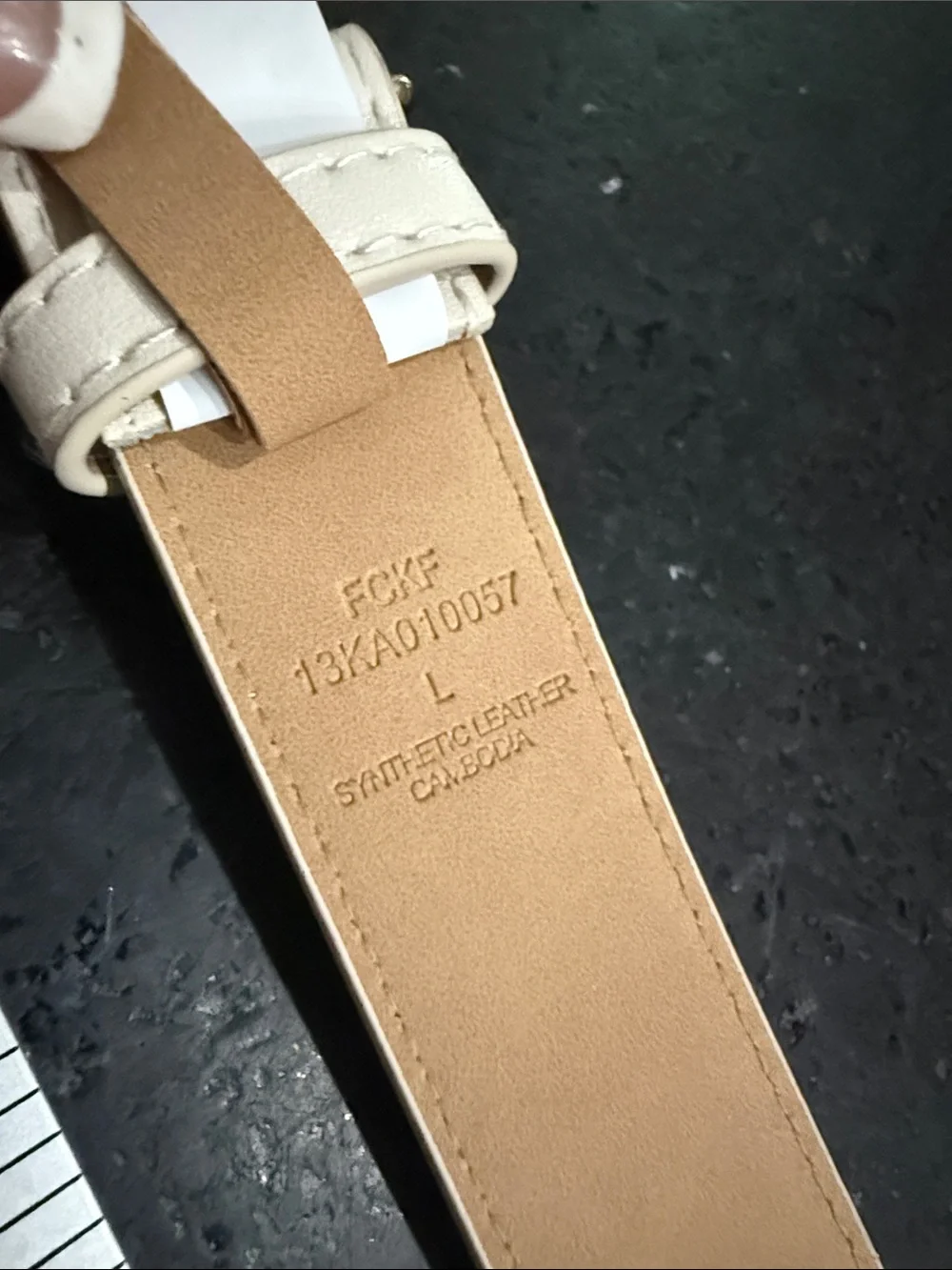 NEW Calvin Klein Cream BONE Leather Belt Gold HAMMERED CK Buckle SZ LRG